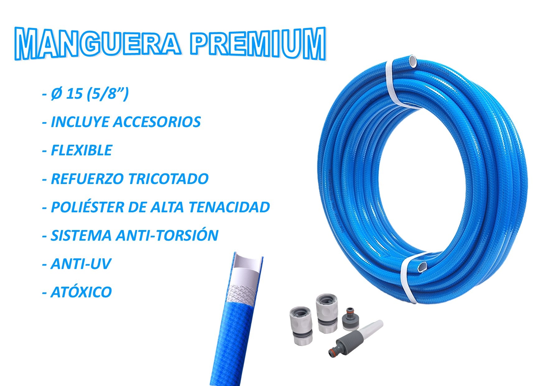 MANGUERA JARDIN PREMIUM TRICOTADA AZUL DIAM. 15 - 15 METROS